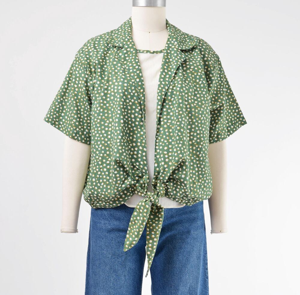 Vintage 90s Polka Dot Blouse Green and White Layered Top with Tie Waist M